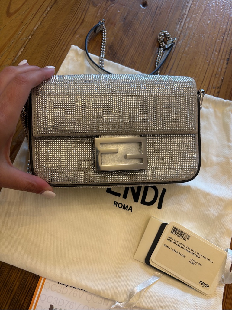 Fendi Silver Crystal Baguette Crossbody Bag
